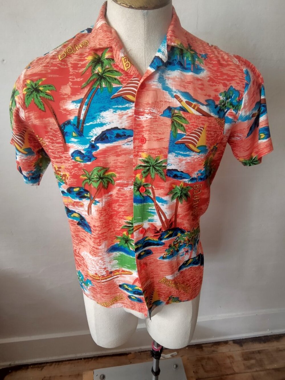 Vintage Rayon Hawaiian Shirt: Watanmal Bahamas Floral Print, Size 42